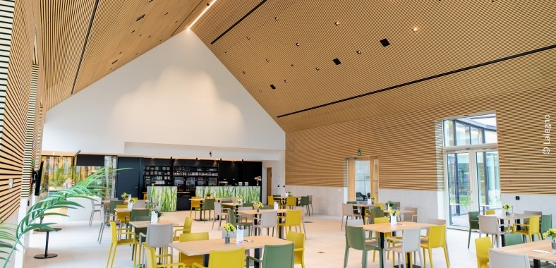Dining hall with acoustic pannels on the ceiling