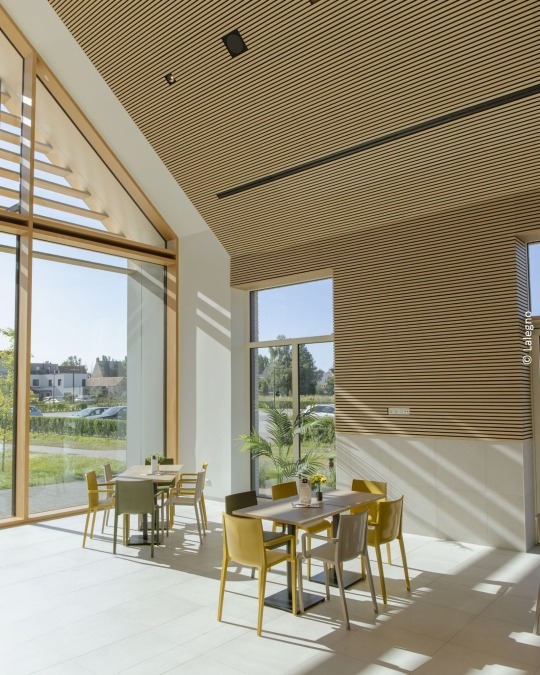 tables next to a window and acoustic panels on the wall